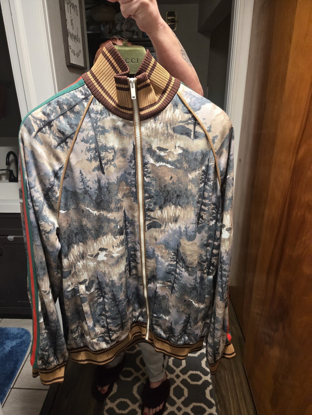 Gucci Multicolor Scenic Print Bomber Jacket with Green-Red-Black Trim Northface